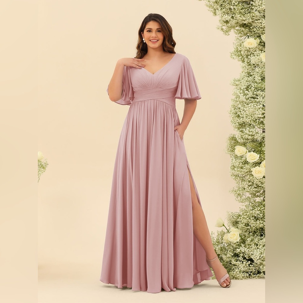 Lavetir Women’s A-Line V-Neck Short Sleeve Dress w/ Side Slit Light Pink Size 8